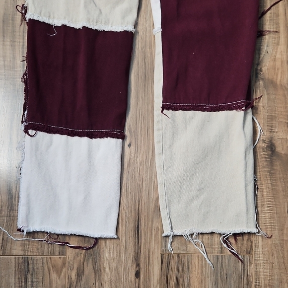 Women's Colorblock Patchwork Burgandy Tan and Cream Women Jeans 12 - Picture 11 of 13
